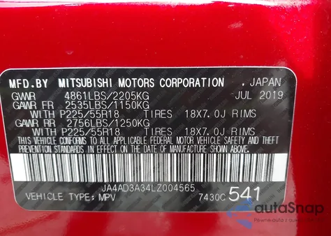 2020 Mitsubishi Outlander Le 2.4/Se 2.4/Sel 2.4/Sp 2.4 from USA, damaged, VIN JA4AD3A34LZ004565
